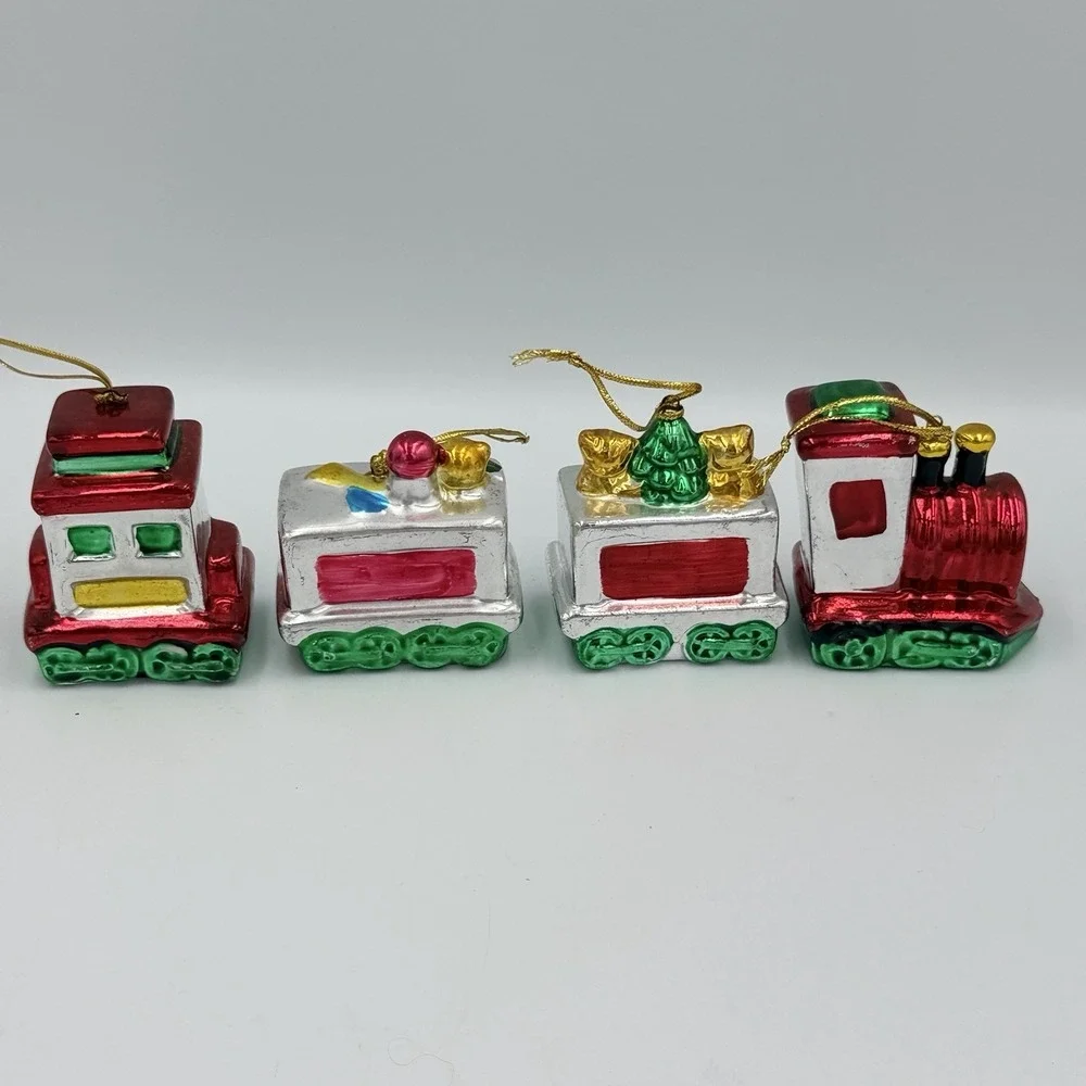 VTG Christmas Train Porcelain Ornament Set 4 Boxed Holiday Style Kitsch‎ Heavy